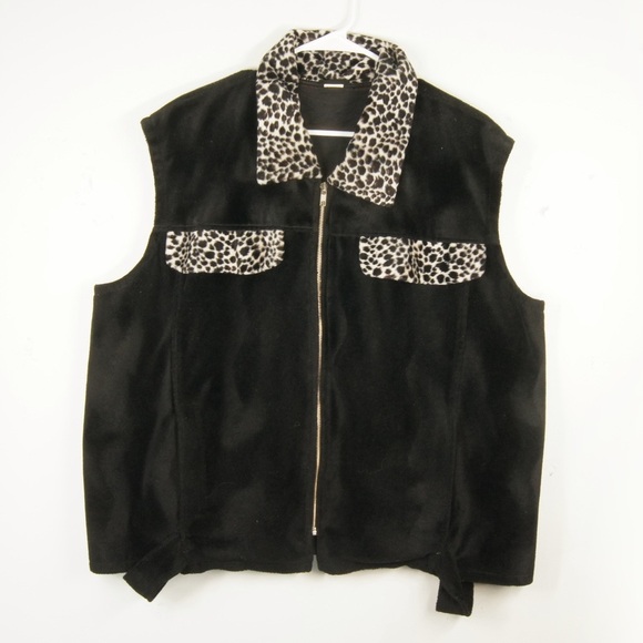Vintage Jackets & Blazers - Vintage 90s Black  White Leopard Print Velvet Fleece Vest
